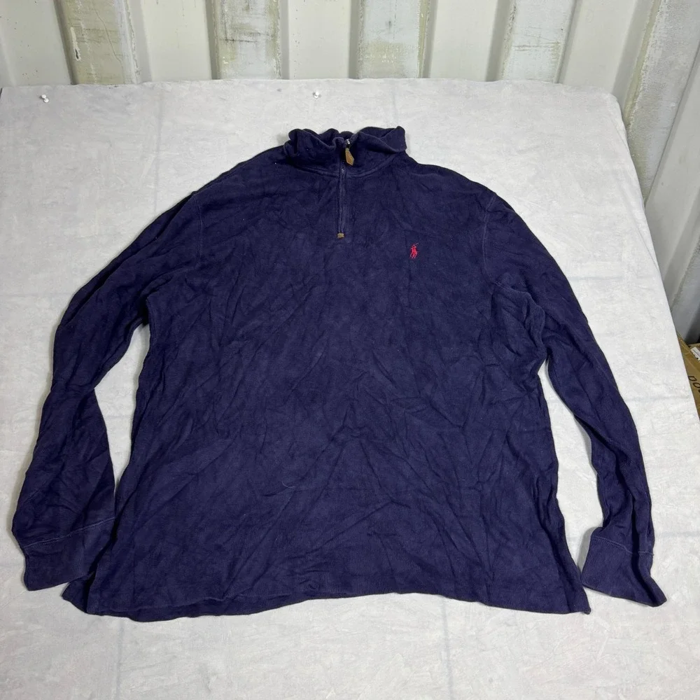 VTG Polo Ralph Lauren Mens Sweater Blue Knit Pony Logo‎ Quarter-Zip Pullover XL